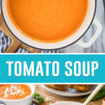 番茄汤拼贴, 荷兰烤箱里的汤的图片, 底部图像的汤在白色的碗与勺子