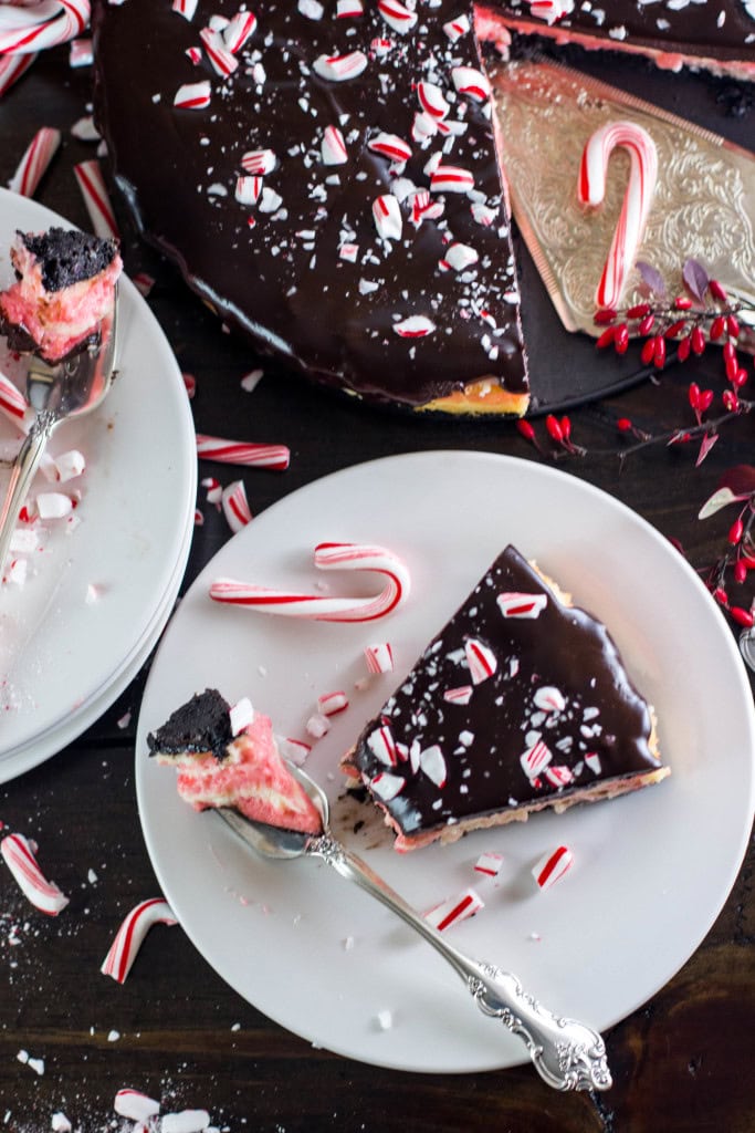 Candy Cane Cheesecake -- Red and white striped cheesecake with a dark chocolate ganache