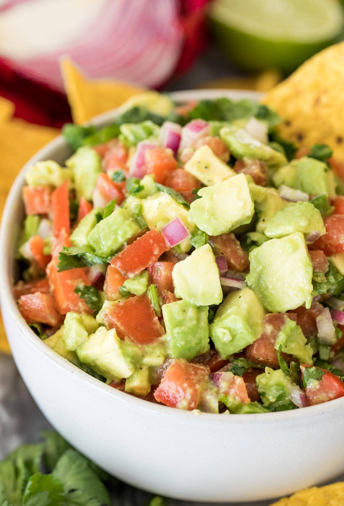 avocado salsa in white bowl