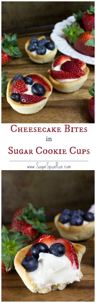 Homemade sugar cookie cups filled with an easy no-bake cheesecake filling and topped with fresh fruit! SugarSpunRun