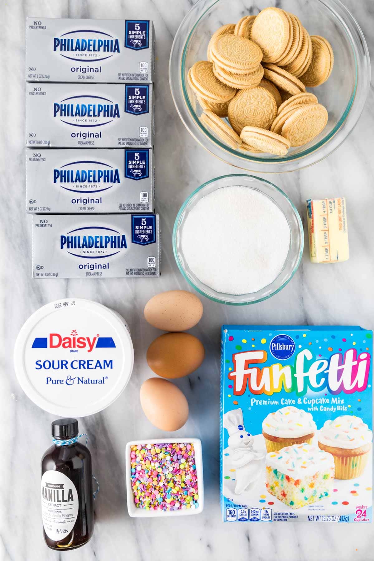 Ingredients for Funfetti cheesecake bars