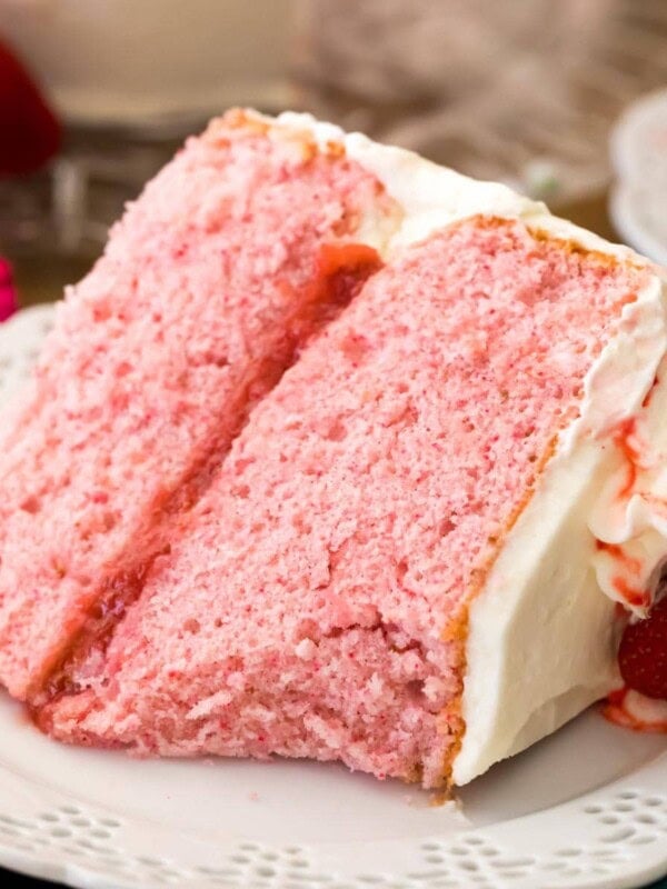 pink strawberry cake on white plate