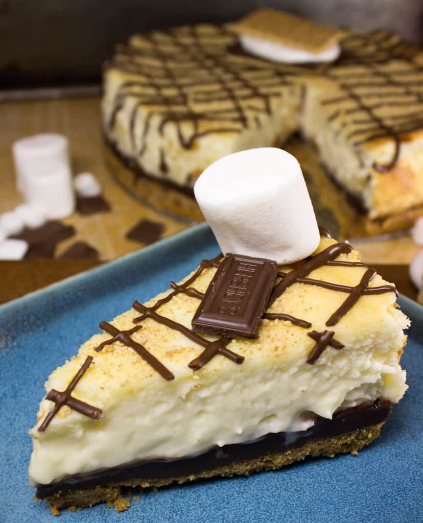 Slice of s'mores Cheesecake on blue plate