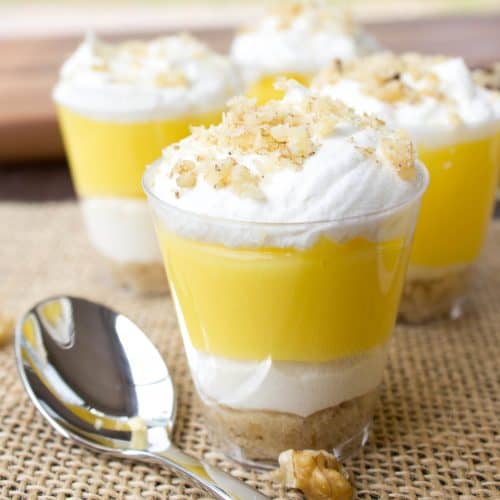 lemon lush dessert in shot glasses
