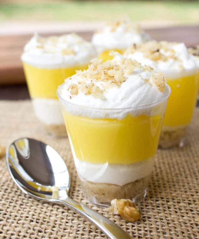 lemon lush dessert in shot glasses