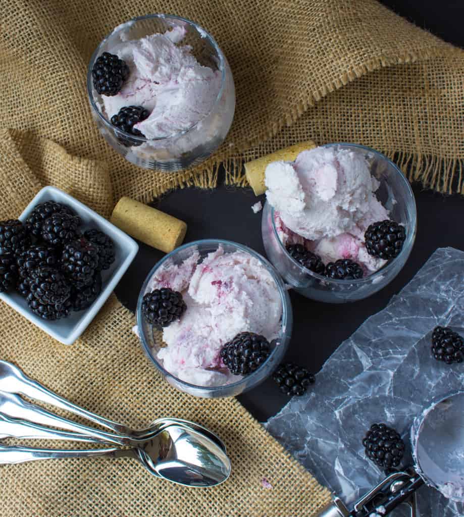 overhead of Moscato Blackberry Ice Cream in various glasses