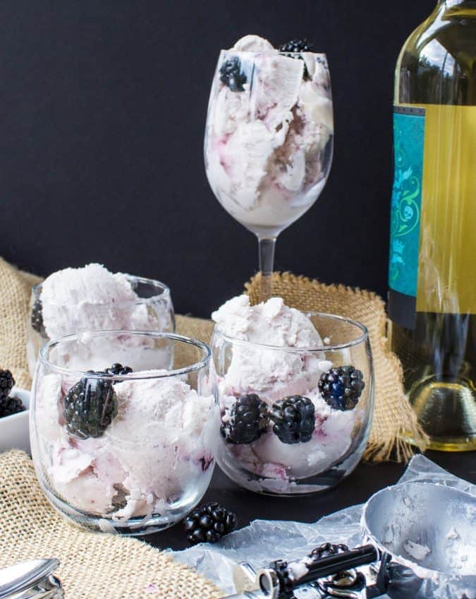 moscato ice cream with blackberries in various glasses