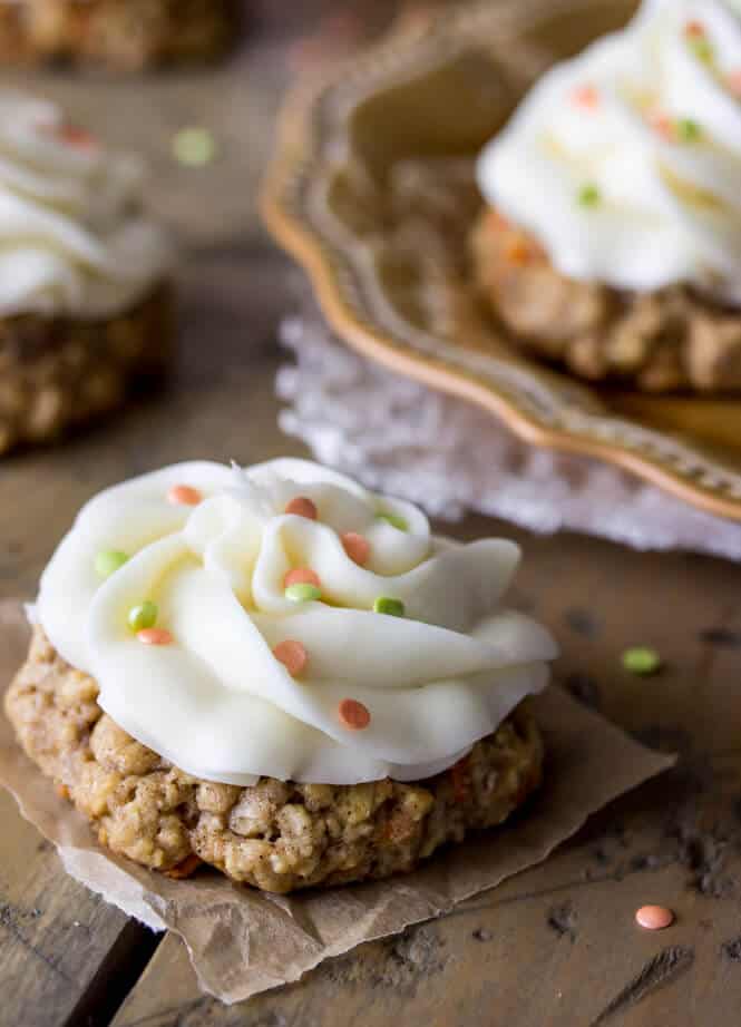Carrot cake cookies with a cream cheese frosting topping! Much easier than making the whole cake! || Sugar Spun Run