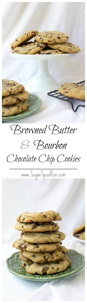 Big, bakery style browned butter and bourbon chocolate chip cookies || SugarSpunRun