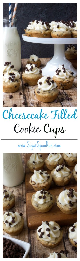 Soft chocolate chip cookie cups filled with easy cream cheese filling SugarSpunRun.com