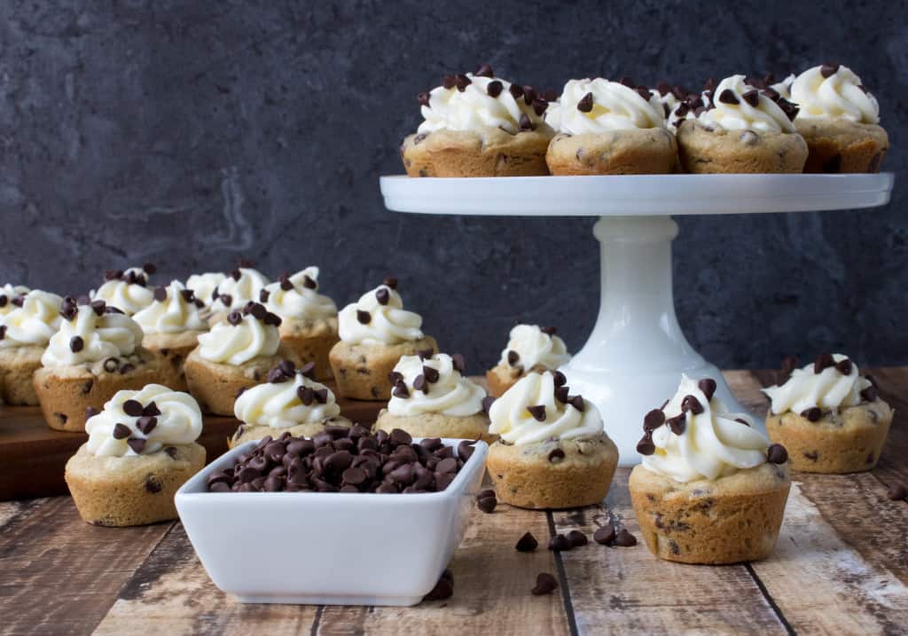 cookie cups with cheesecake and chocolate chips