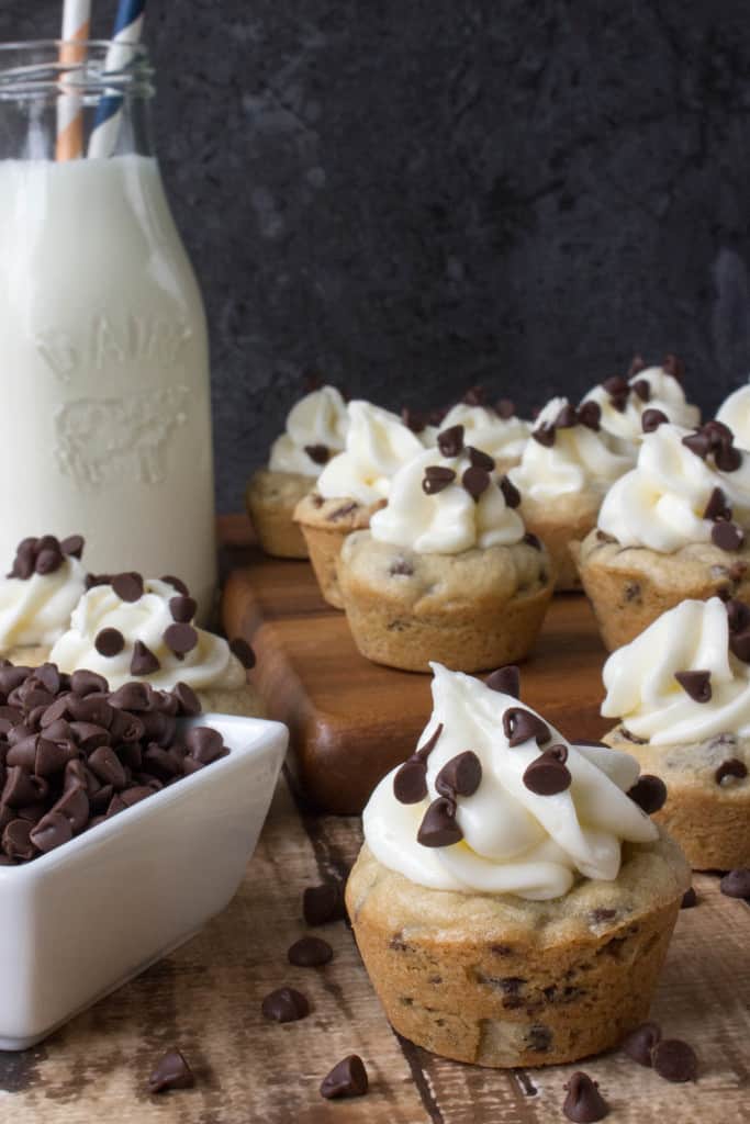 cookie cups with cheesecake filling and chocolate chips