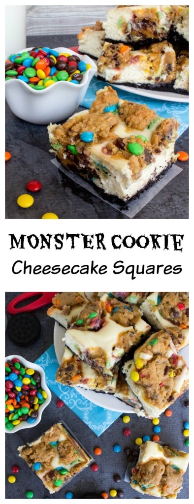 monster cookie cheesecake squares on an oreo crust