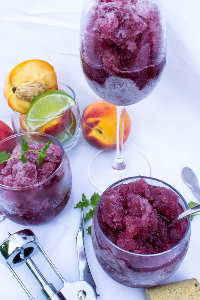 Peach Sangria Granita in wine glasses