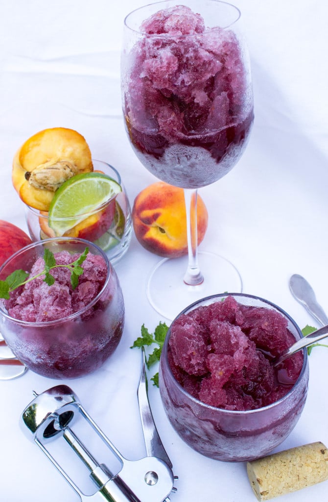 Peach Sangria Granita in wine glasses