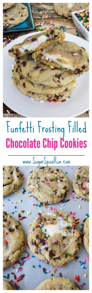 Funfetti frosting filled chocolate chip cookies, might just be the most fun cookies ever! --from SugarSpunRun