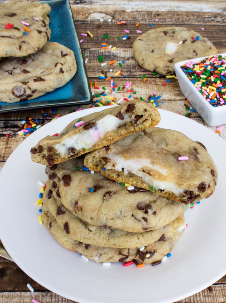 Funfetti filled chocolate chip cookies on white plate