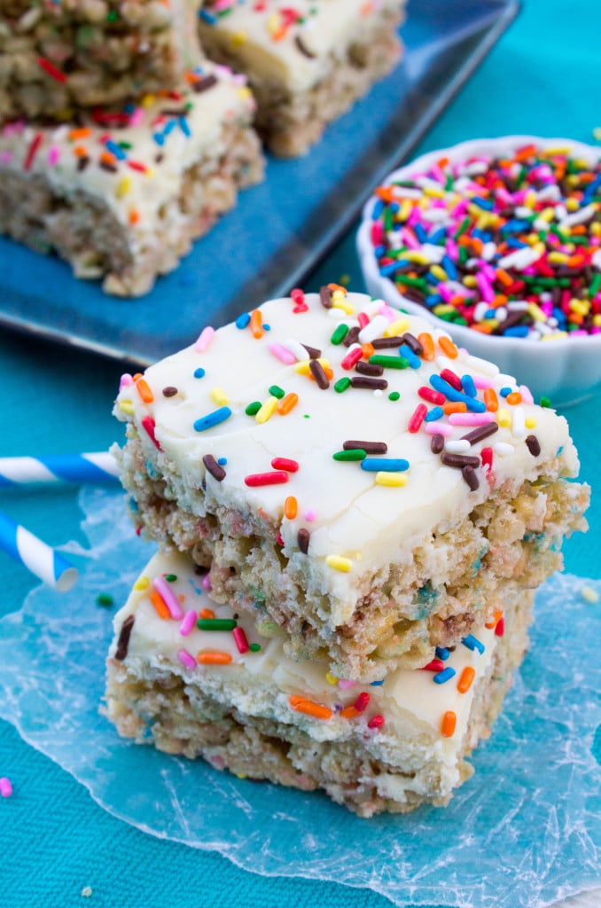 Cake Batter Rice Krispie Treats - Sugar Spun Run