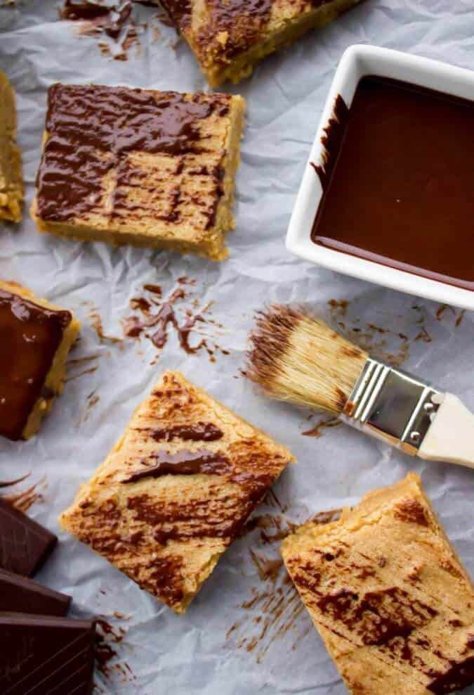 Easy Peanut Butter Blondie Bars--brushed with dark chocolate