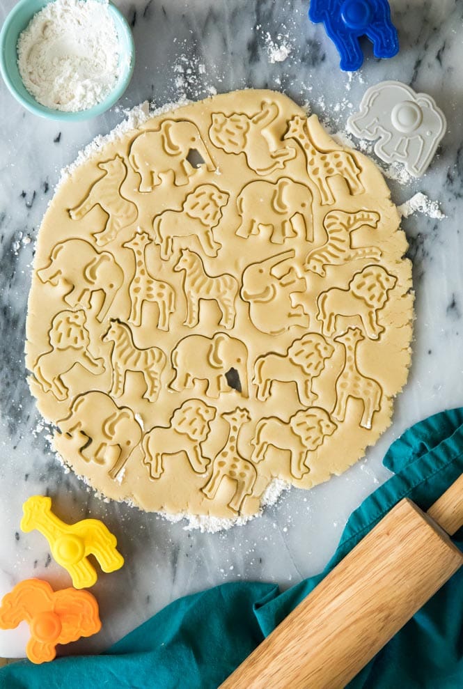 Rolled out cookie dough on marble with animal shapes cut into dough for animal cookies