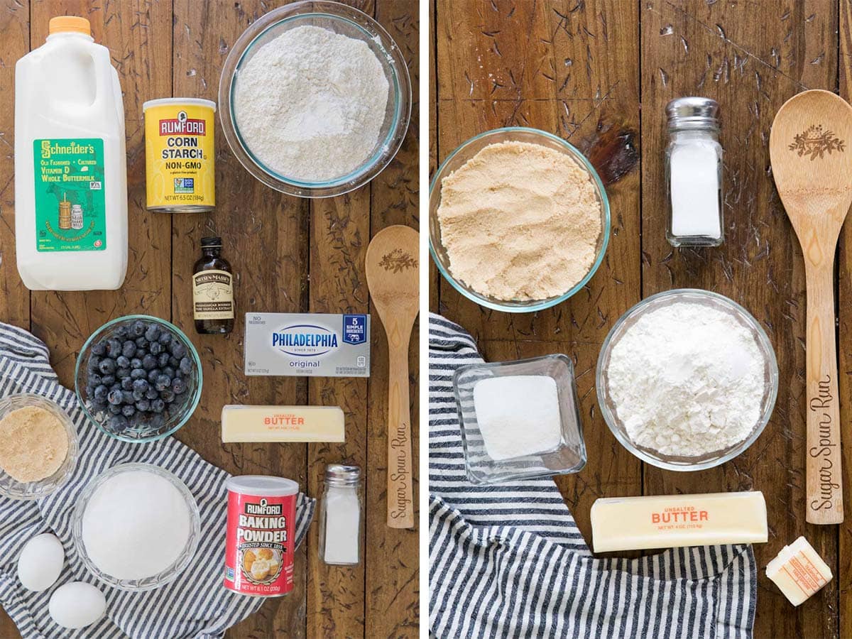 two photos: blueberry cake ingredients (left) streusel ingredients (right)