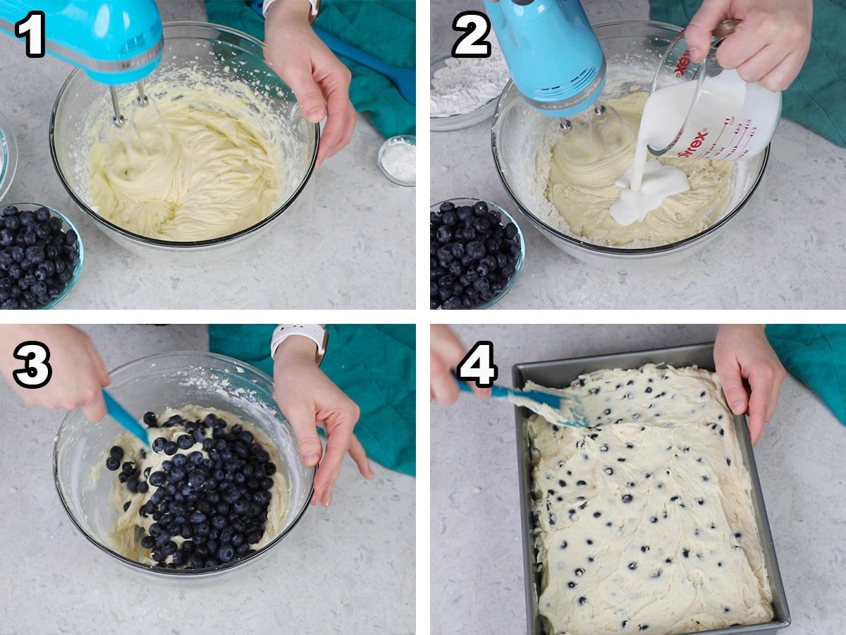 collage of preparing blueberry coffee cake batter