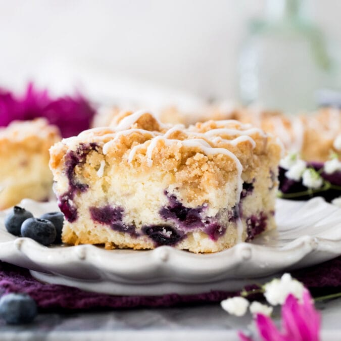 Blueberry coffee cake on white plate