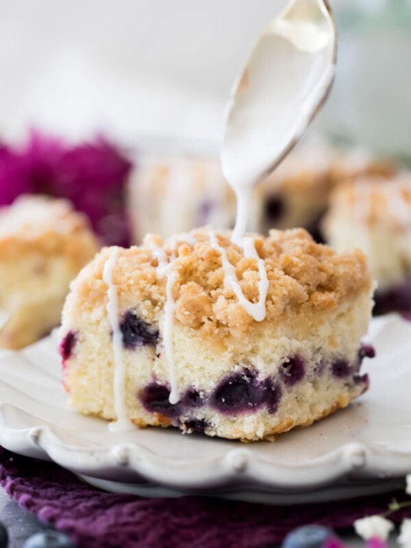 Blueberry coffee cake on white plate