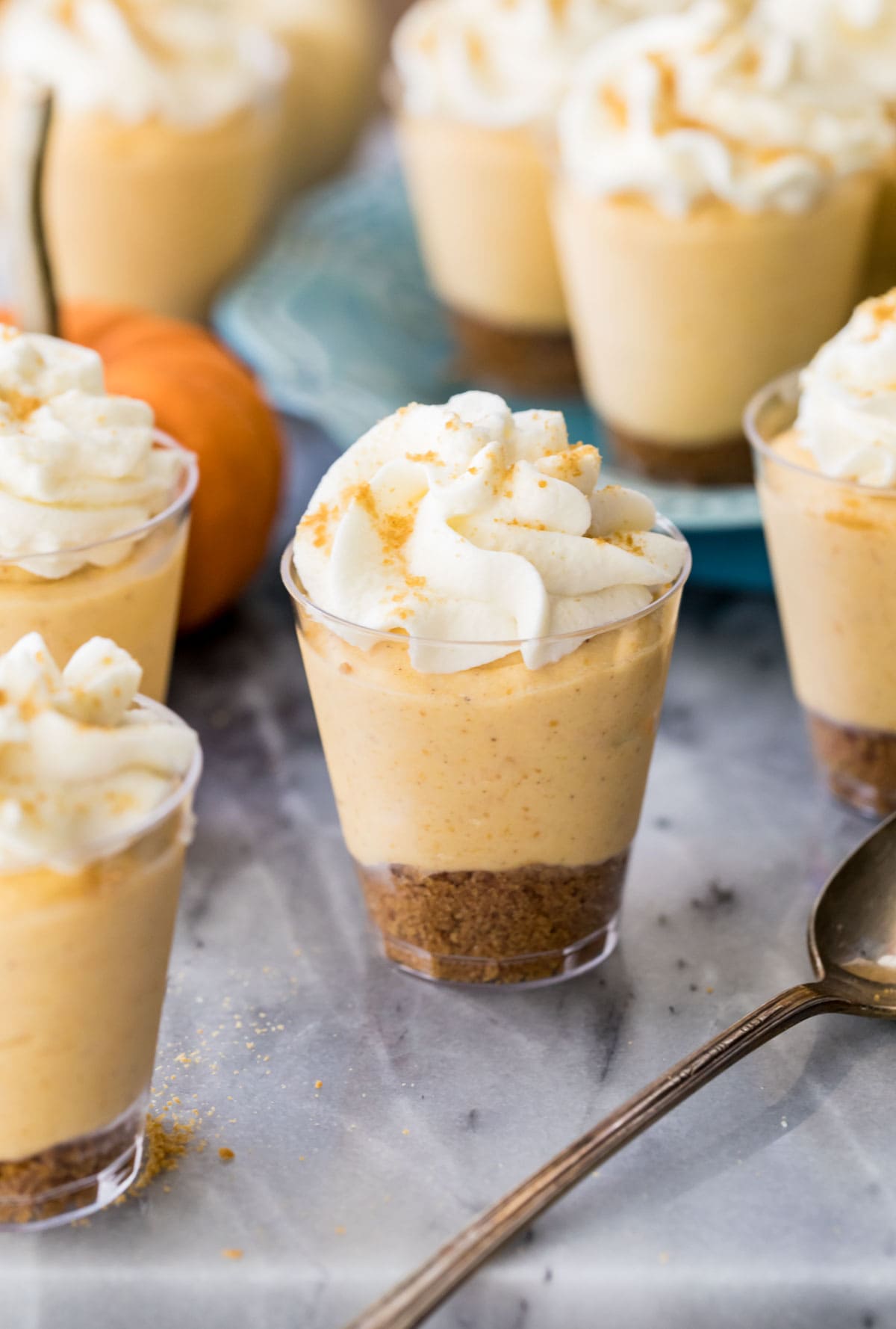 Mini pumpkin pie cheesecakes on marble board