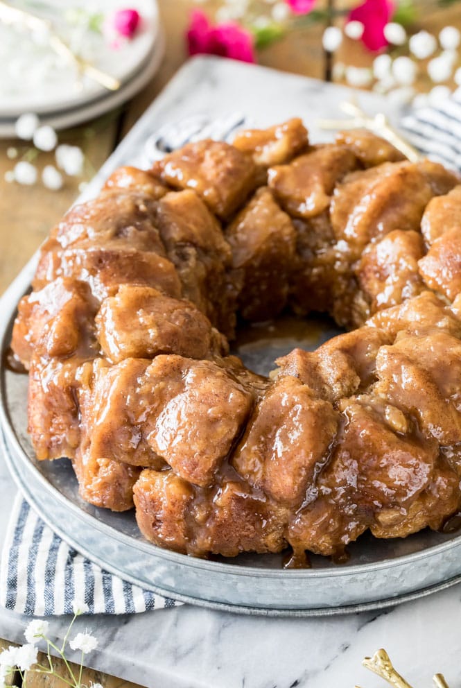 Glazed monkey bread on metal platter