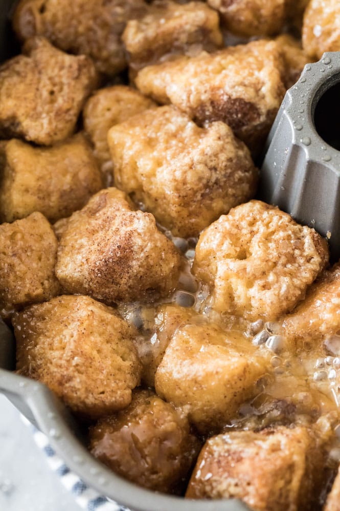 Close-up shot of bubbly baked monkey bread in bundt pan