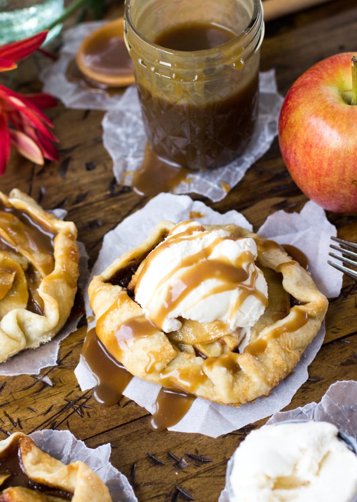 Mini Caramel Apple Galette with ice cream and caramel sauce