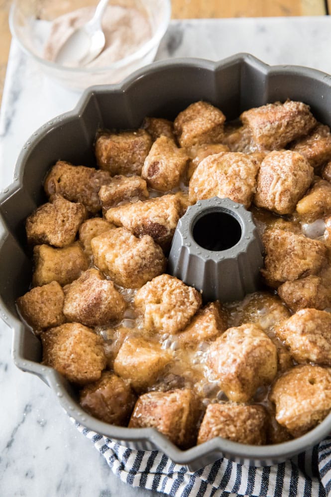 Monkey bread baked in bundt pan before being inverted