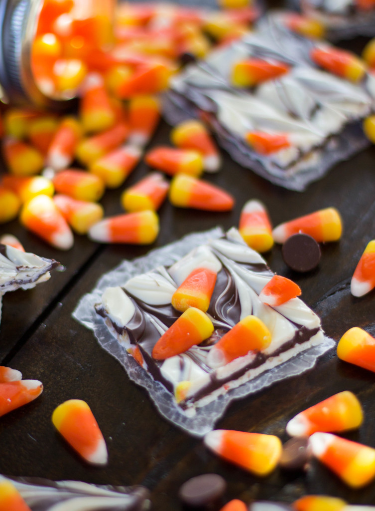 square of candy corn bark surrounded by candy corns