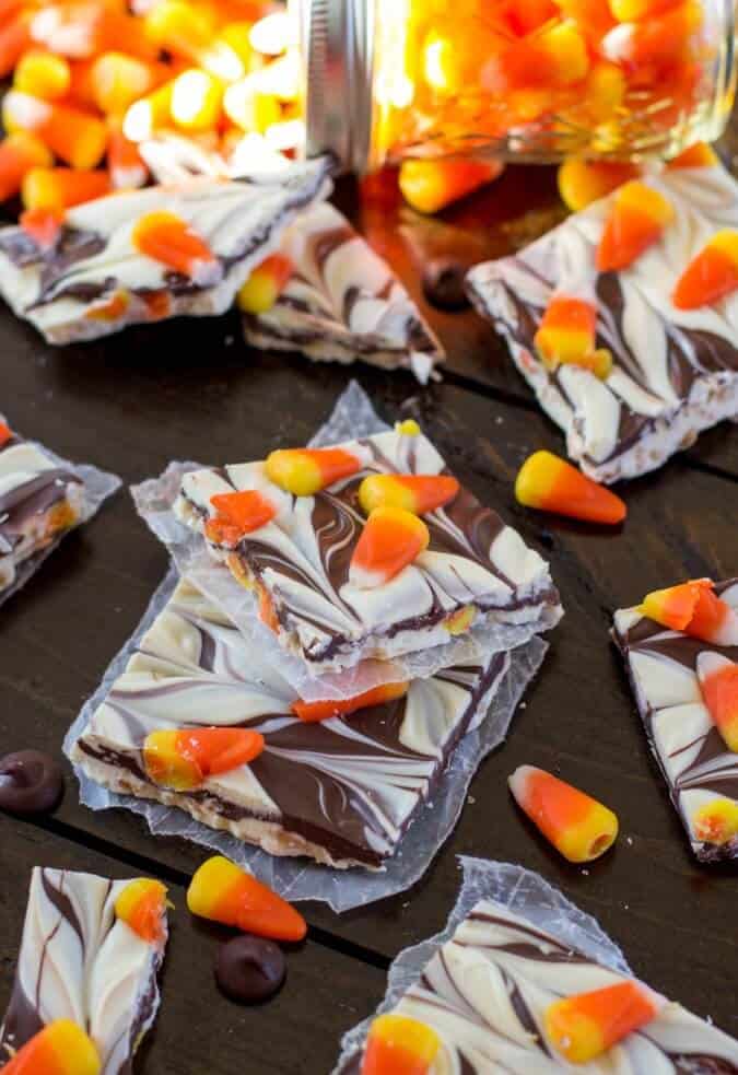 two candy corn bark squares