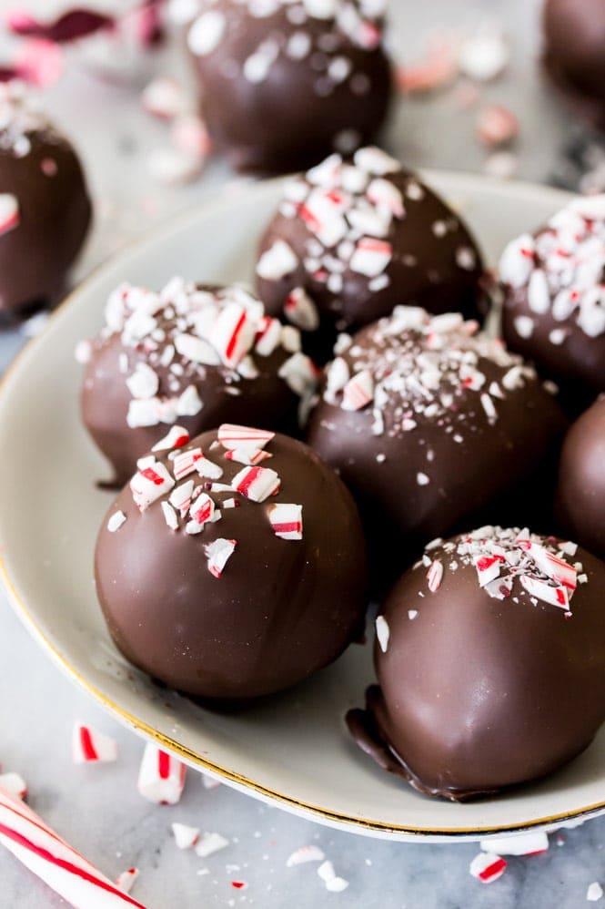 peppermint oreo truffles on white plate