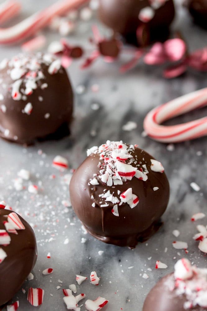 Peppermint oreo truffles on marble