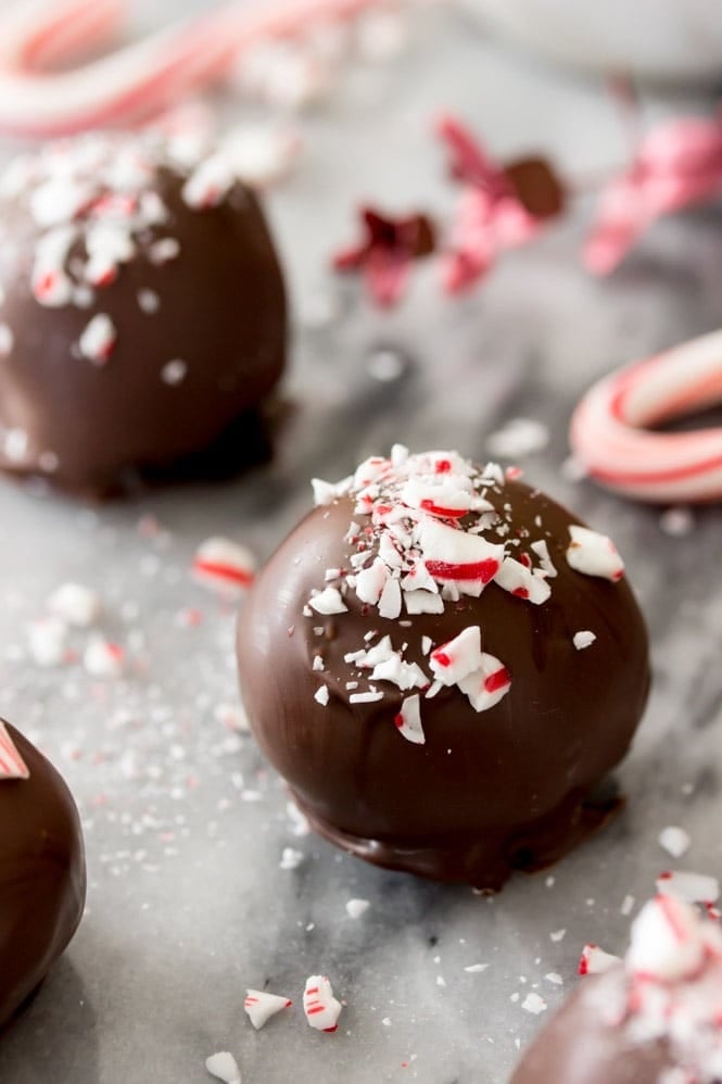 Peppermint Oreo Truffles on marble