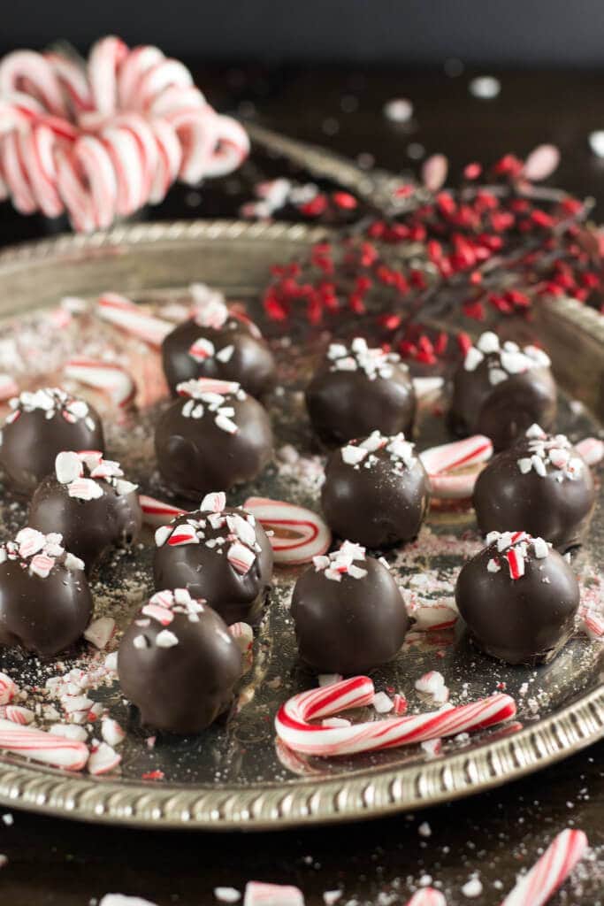 peppermint oreo truffles on silver platter