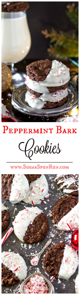 Peppermint Bark Cookies -- Chocolatey cookies dipped in white chocolate and crushed candy canes