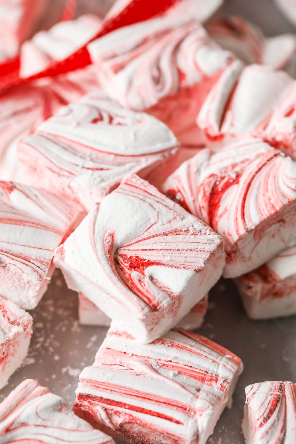 closeup of  ared-swirled peppermint marshmallow