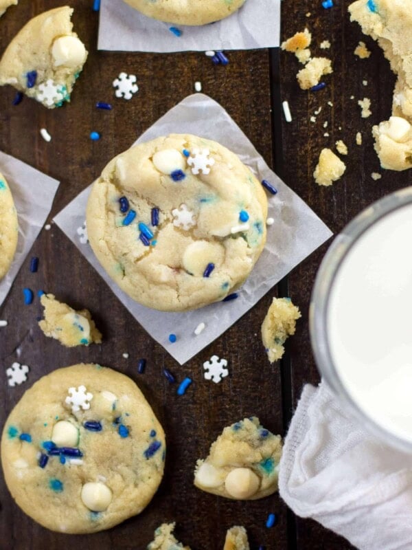 Overhead of blizzard cookies on a wood surface