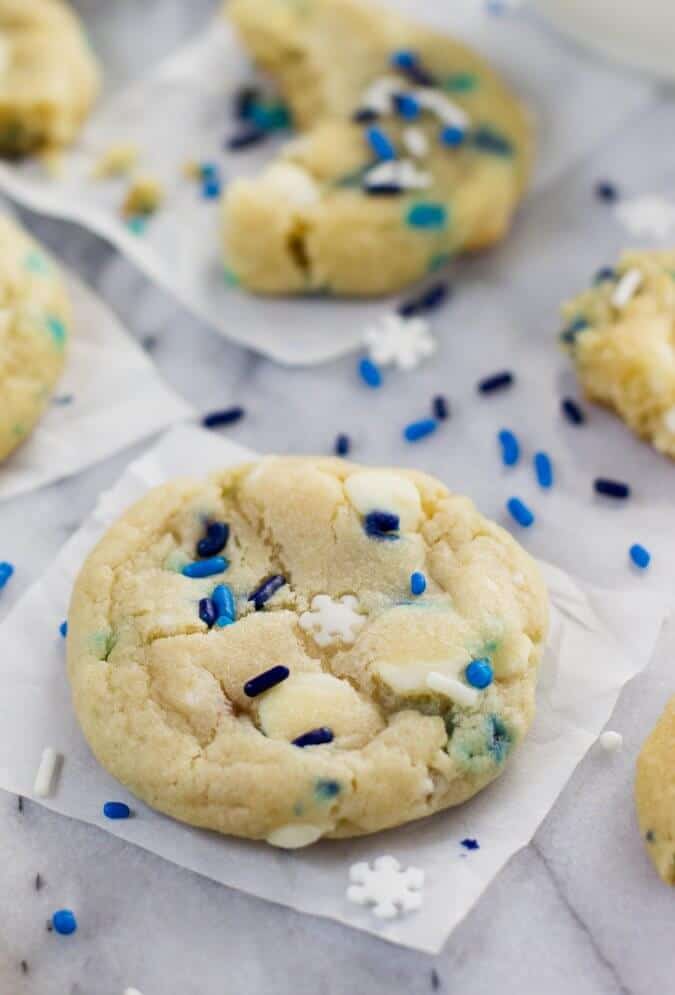 Blizzard cookies with blue and snowflake sprinkles