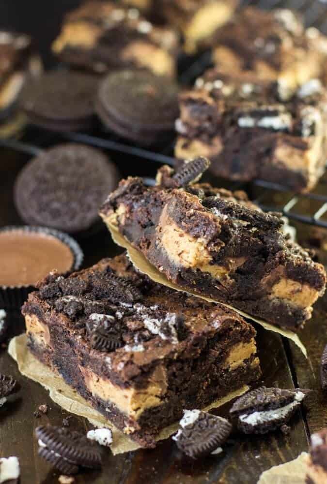 Stack of two peanut butter cup oreo brownie cups