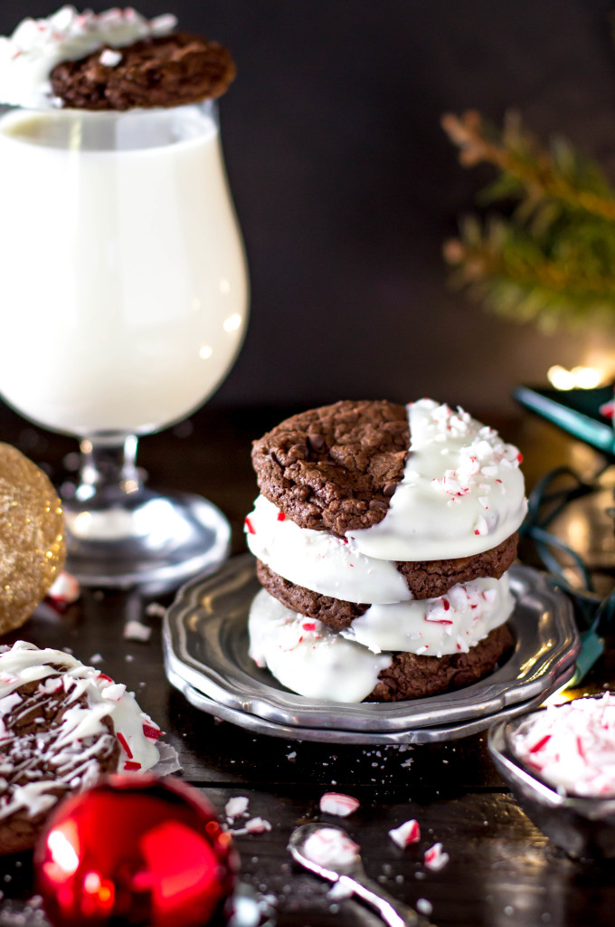 Peppermint Bark Cookies dipped in white chocolate on silver table