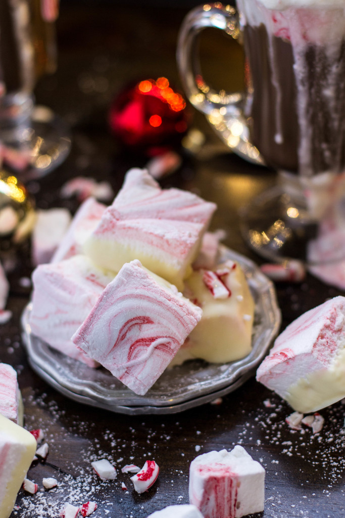 Homemade Peppermint Marshmallows on silver plate