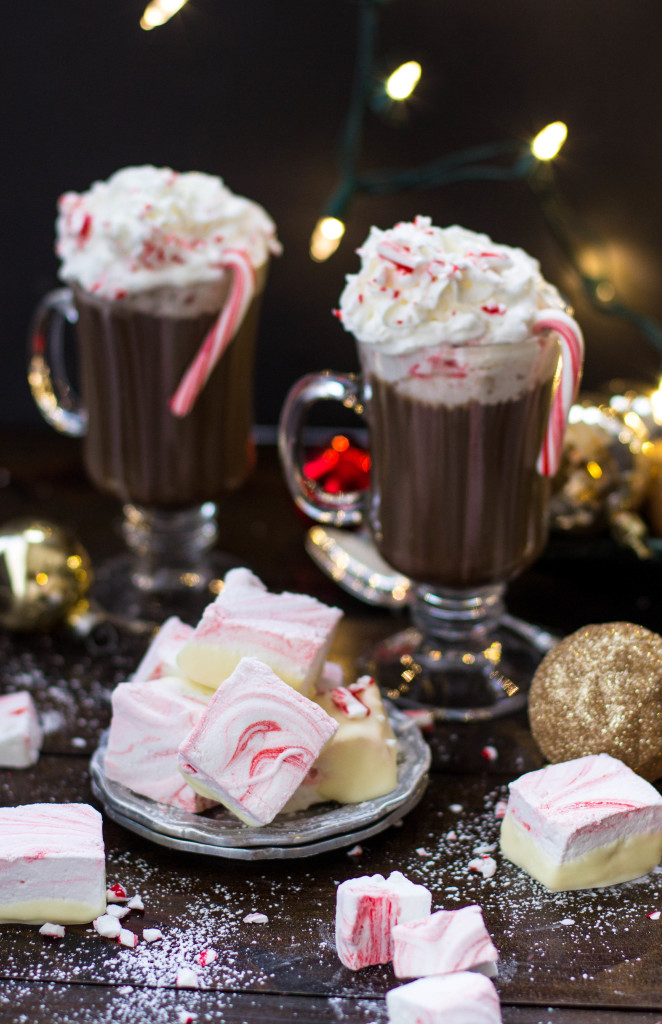 Peppermint Marshmallows on silver plate with hot chocolate in background