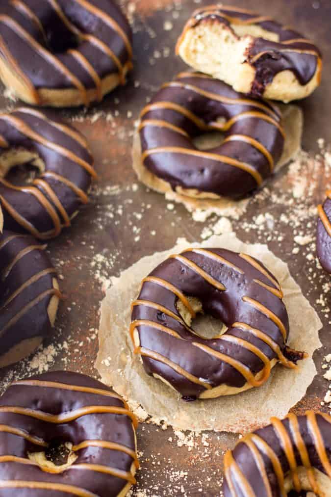 Overhead of chocolate and peanut butter glazed donuts