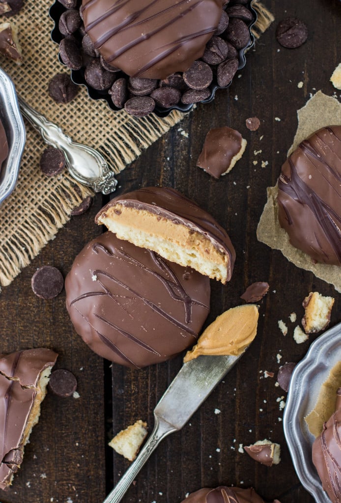 overhead of tagalong copycats, cookie cut in half to show peanut butter center