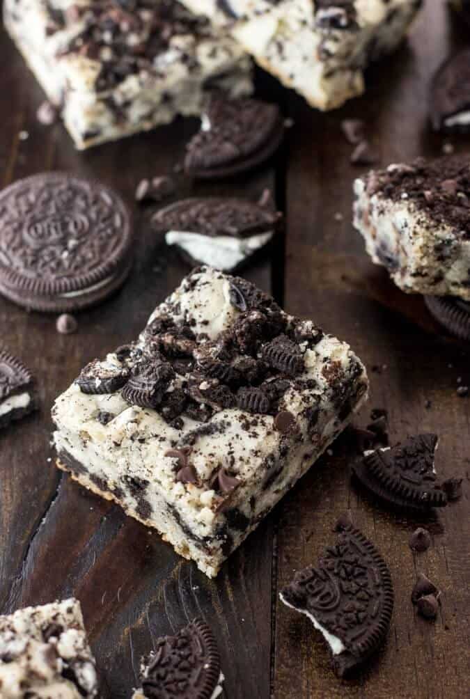 cookies and cream oreo bar on dark backdrop